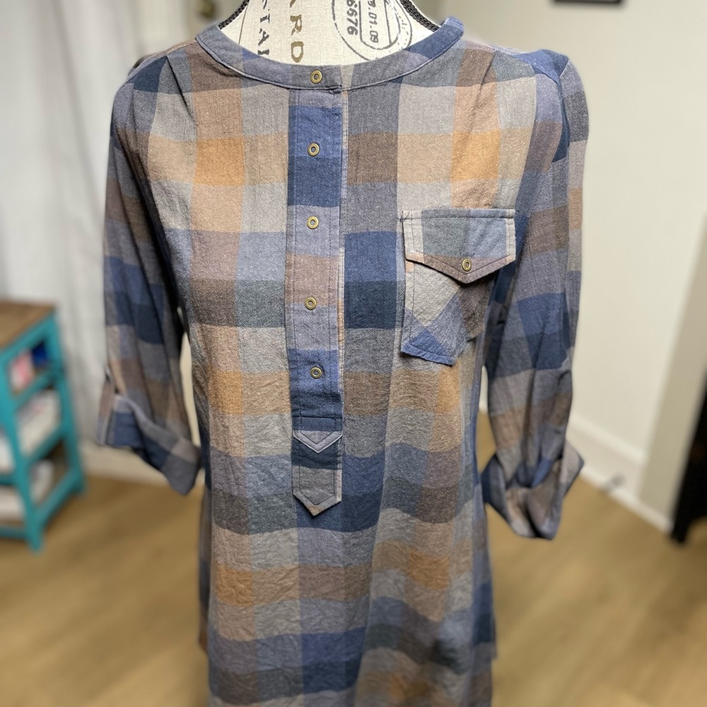a.n.a Blue and Tan Plaid Button-Down Shirt
